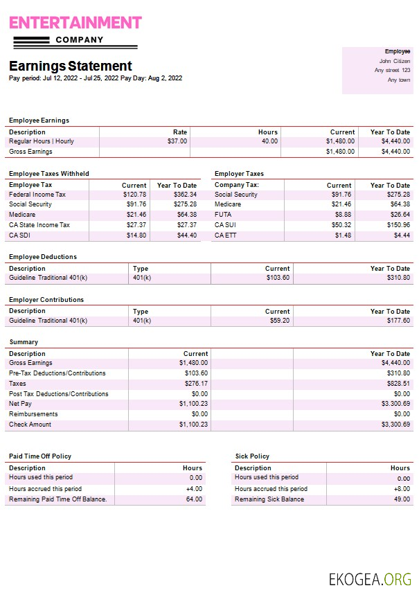 Modèle de bulletin de paie pour une entreprise de divertissement aux formats Word et PDF